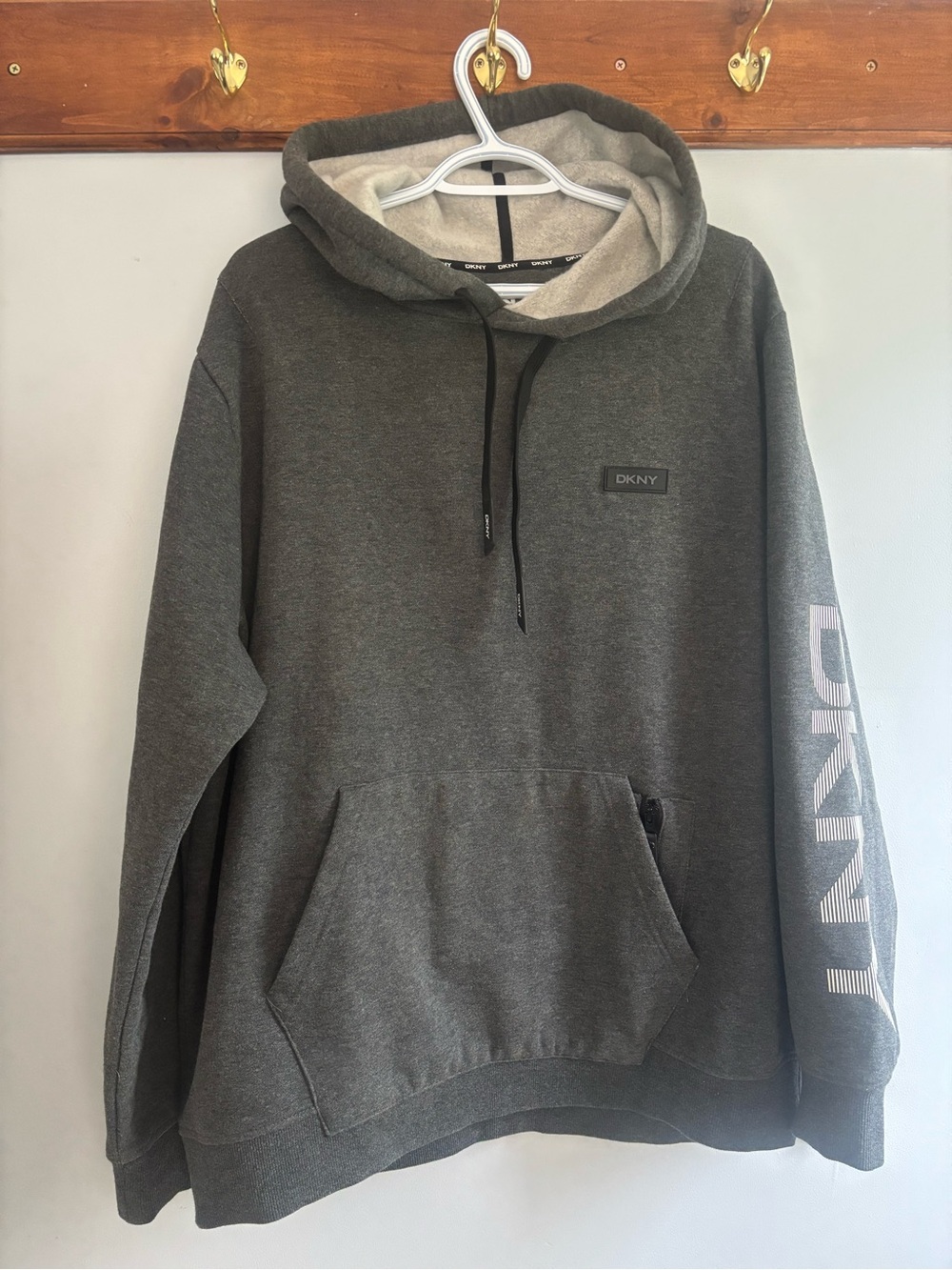 DKNY Men's Gray Pullover Hoodie with Sleeve Logo